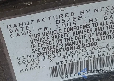 2022 Nissan Versa 1.6 Sr Xtronic Cvt z USA, uszkodzony, nr VIN 3N1CN8FV8NL839309